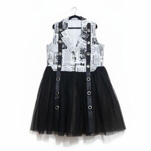 Pomme Rouge XL Newspaper Print & Black Tulle Dress New